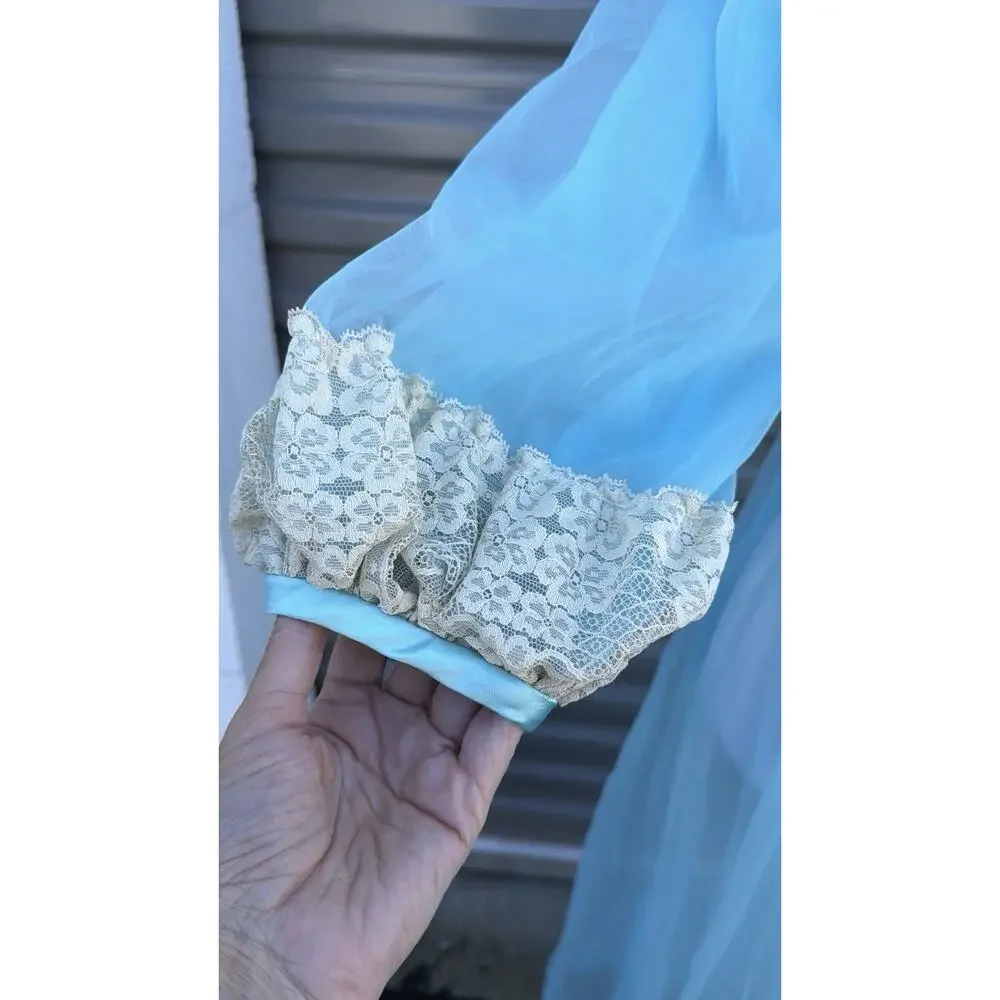 Vintage 1960s Blue Nylon Peignoir Robe With Chantilly Lace Juliette Style